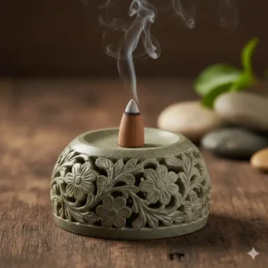 An artisan hand-carved soapstone cone burner with decorative floral patterns.