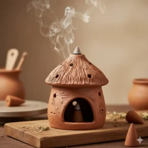 Hand-crafted terracotta incense cone burners showing natural clay textures and smoke holes.
