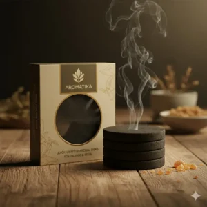 An illustration of a stack of quick-light charcoal disk showing their uniform round shape.