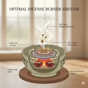 Diagram showing the optimal airflow for a steady burn of the incense burner coal inside a burner.