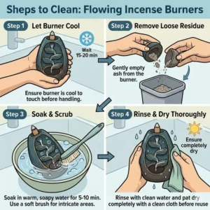 A step-by-step visual guide on how to safely clean residue from flowing incense burners.