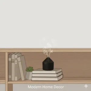 A minimalist lifestyle illustration of a charcoal resin burner on a wooden shelf.