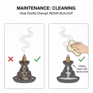 A maintenance illustration showing how cleaning resin buildup helps how does backflow incense work effectively.
