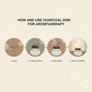 A simple infographic illustrating the four steps of using a charcoal disk for aromatherapy.