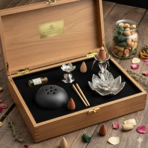 A luxury incense cone burners gift set including a variety of scented cones and a ceramic holder.