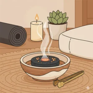 A peaceful meditation space featuring active charcoal briquettes for incense in a ceramic holder.