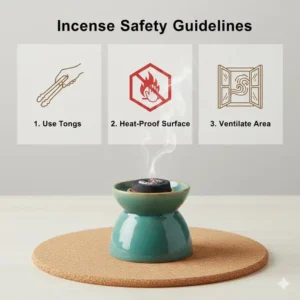 Essential safety guidelines for handling hot charcoal tablets for incense on heat-proof surfaces.