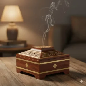 A protective wooden cone burner box with a brass inlay for safe indoor use.