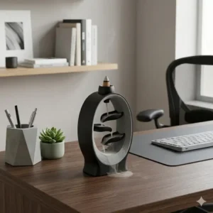 A sleek, modern design of flowing incense burners fitting into a contemporary home office decor.