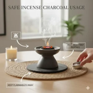 Safety illustration showing an incense burner coal placed on a heat-resistant surface.