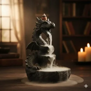 A dragon-shaped backflow incense cone burners with white smoke flowing through the dragon's mouth.