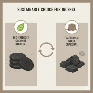 Sustainable coconut shell charcoal disk next to traditional wood charcoal options.