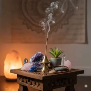 A spiritual meditation altar featuring a small cone burner surrounded by crystals.