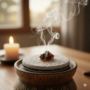 Close-up of an incense burner coal with a grey ash layer indicating it is ready for use.