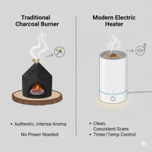 A side-by-side comparison between a charcoal resin burner and an electric heater.