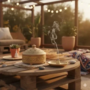 Bohemian style wooden incense cone burners with brass inlays on an outdoor patio.