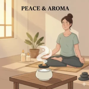 A peaceful meditation setting featuring a lit charcoal disk emitting soft smoke.
