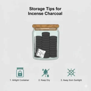 An airtight glass jar showing the best way to store charcoal tablets for incense to keep them dry.