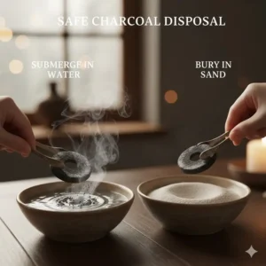 Proper way to extinguish an incense burner coal in water or sand for safe disposal.