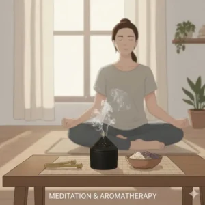 A peaceful meditation scene featuring a charcoal resin burner on a table.