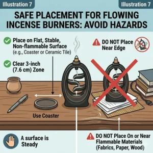 A safety guide showing the ideal stable surface placement for flowing incense burners to avoid fire hazards.