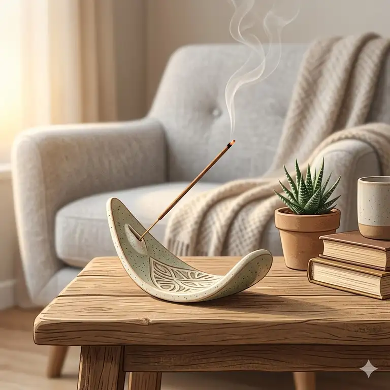 A modern ceramic incense holder unique design with a burning stick in a peaceful living room setting.