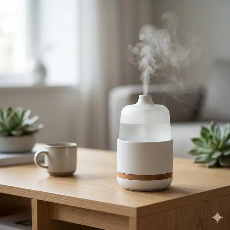A modern liquid incense burner diffusing a gentle mist in a minimalist living room setting.