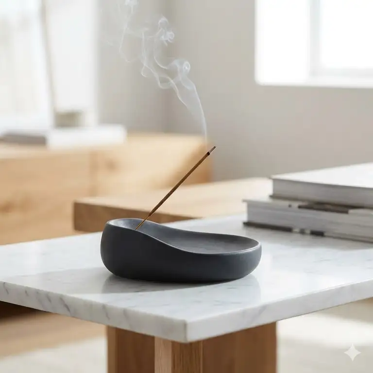 A sleek charcoal grey incense burner modern style resting on a white marble coffee table in a bright, contemporary living room.