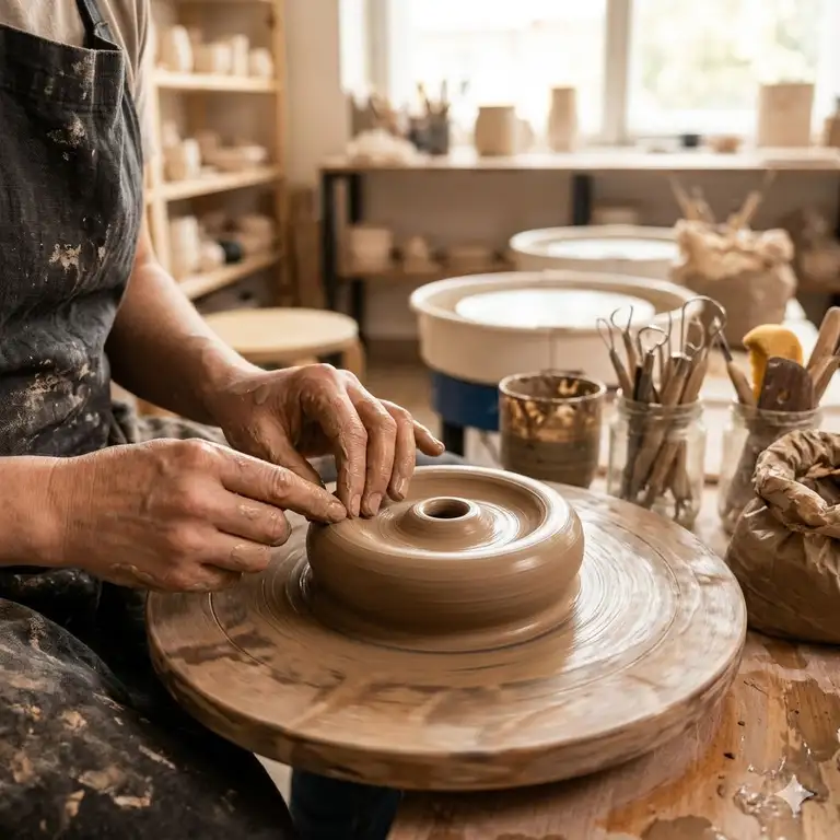 A minimalist ceramic handmade incense holder with a burning sandalwood stick on a wooden table.