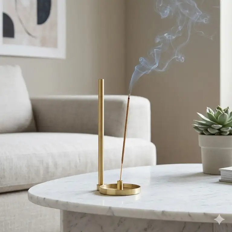 A sleek minimalist brass contemporary incense holders on a modern marble coffee table.