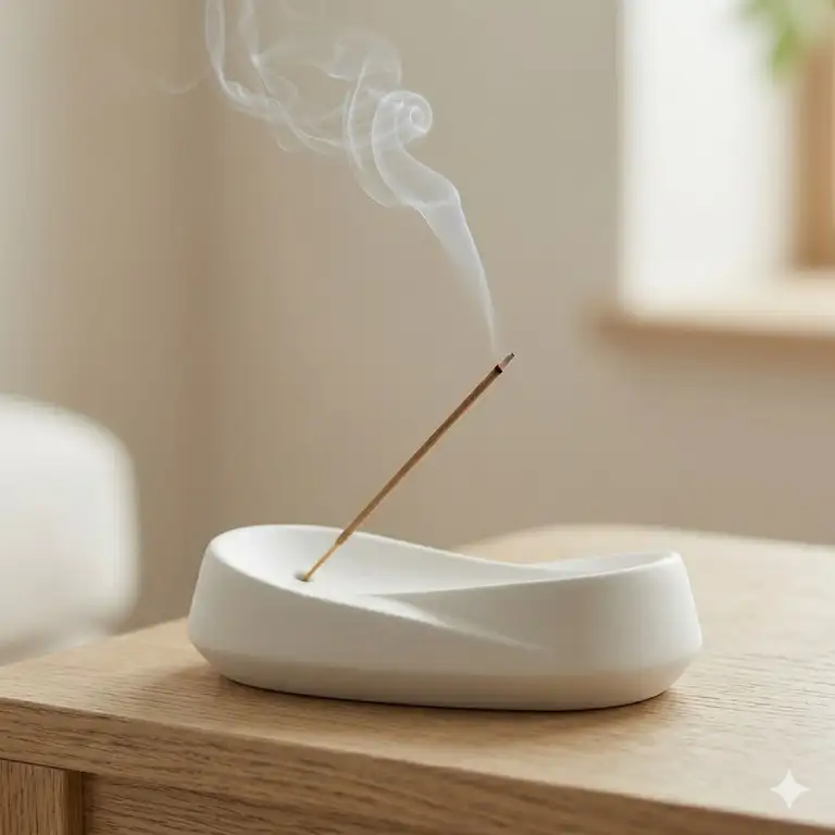 A modern white ceramic incense burner with a burning stick releasing a thin trail of smoke in a minimalist living room setting.