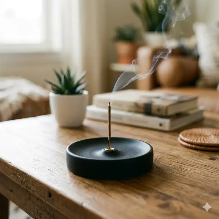 A modern and cool incense holder made of black ceramic with a minimalist design, sitting on a wooden coffee table with smoke rising.