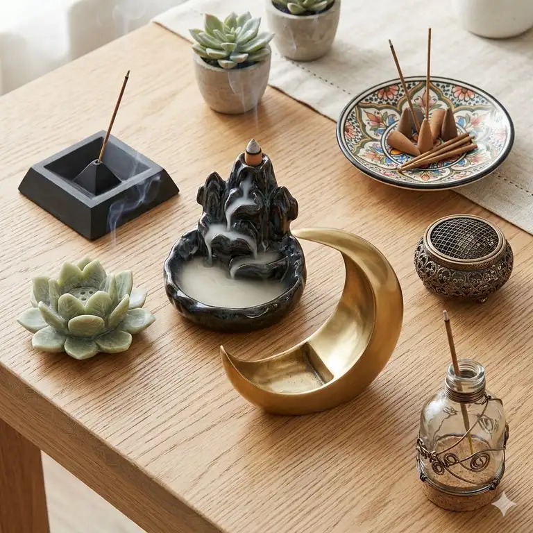 A curated collection of unique incense holders in various styles displayed on a modern wooden shelf.