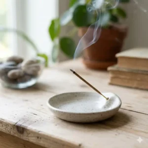 Close-up of an artisan’s hands shaping a clay handmade incense holder on a pottery wheel.