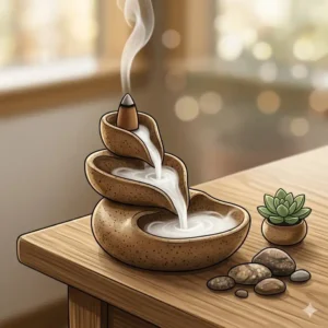 Detailed illustration of a unique incense burner featuring a ceramic backflow waterfall design.