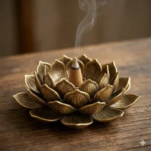 An antique brass lotus-shaped incense burner holding a lit sandalwood cone on a wooden table.