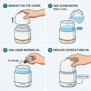 Step-by-step diagram showing how to fill a liquid incense burner with aromatic oil.