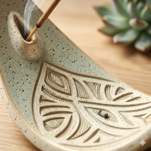 Close-up shot of a incense holder unique to show the handcrafted intricate textures and artistic patterns.