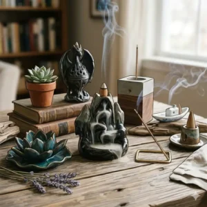 Detailed illustration of a backflow waterfall mechanism used in unique incense burners