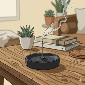 Illustration of a cool incense holder featuring a geometric brass triangle design on a white marble base.