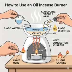 Illustrative diagram showing how to add water and essential oil to an oil incense burner bowl.