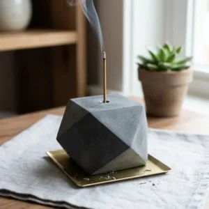 Minimalist unique incense holders with a geometric concrete design and a slim metal ash catcher.