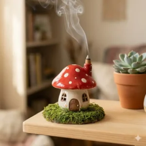 A mushroom shaped cute incense burners design with smoke rising from the red toadstool cap.
