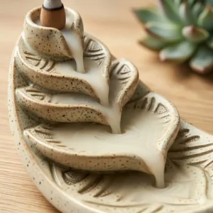 A incense holder unique for backflow smoke that creates a mesmerizing waterfall effect on a wooden table.