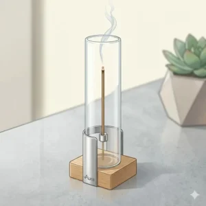 Modern glass contemporary incense holders featuring a clear cylinder and suspended metal clip.