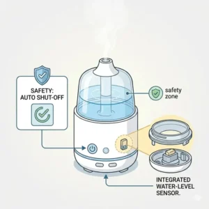 Illustration highlighting the automatic shut-off safety feature of a liquid incense burner.