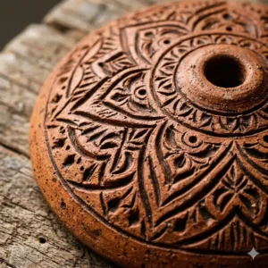 Detailed texture of a rustic terracotta handmade incense holder with intricate carvings.