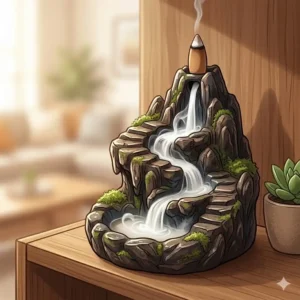 Illustration of backflow unique incense holders showing smoke cascading down a ceramic mountain trail.