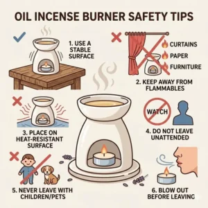 Safety illustration for an oil incense burner highlighting placement on heat-resistant surfaces.