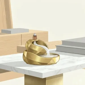 A incense burner modern backflow style creating a mesmerizing smoke waterfall effect on a rustic wooden desk.